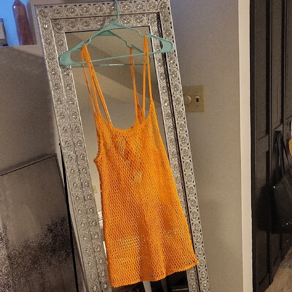 🧡🧡 SUPER CUTE 🧡🧡 Vibrant Orange Mesh Mini Dress Swim Cover-Up !! - Picture 2 of 2